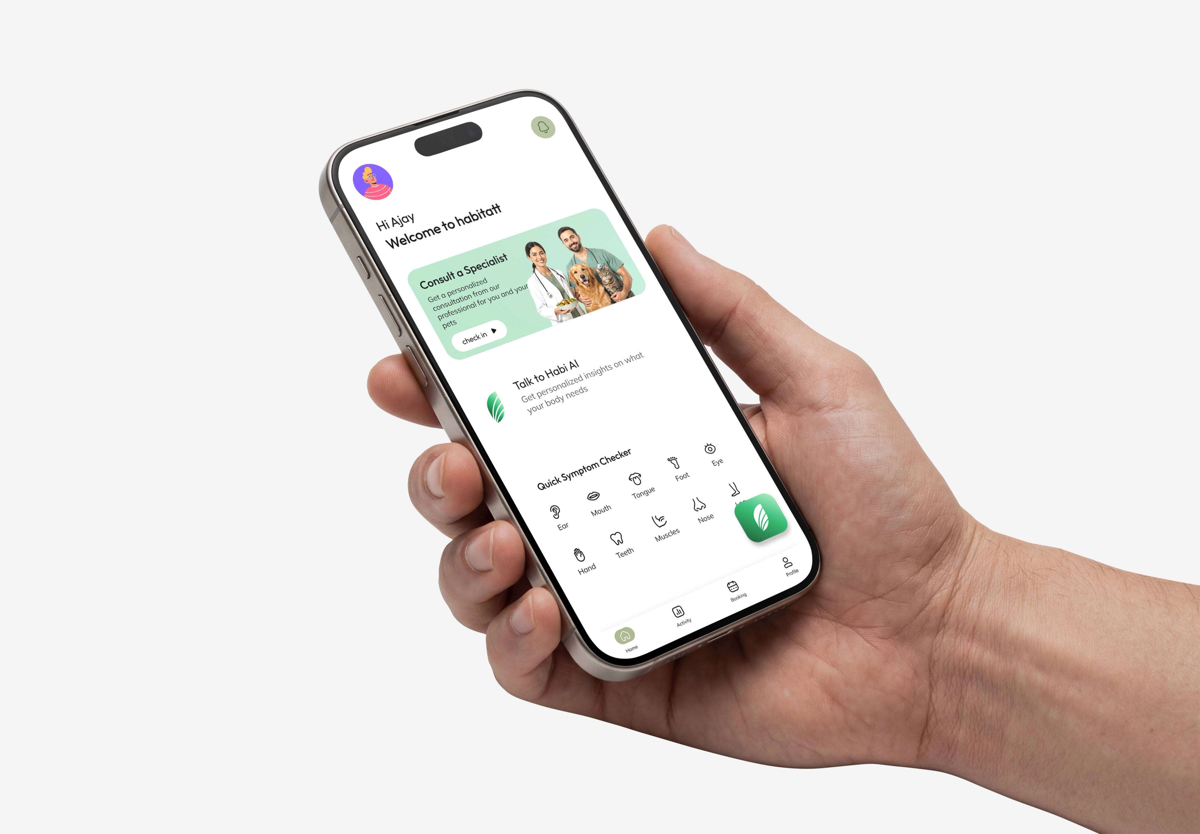 The HABITATT home screen on a phone held in hand