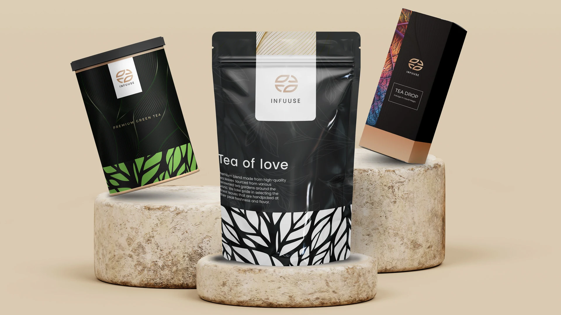 INFUUSE packaging: a tin, the Tea of Love pouch and a gift box on stone plinths