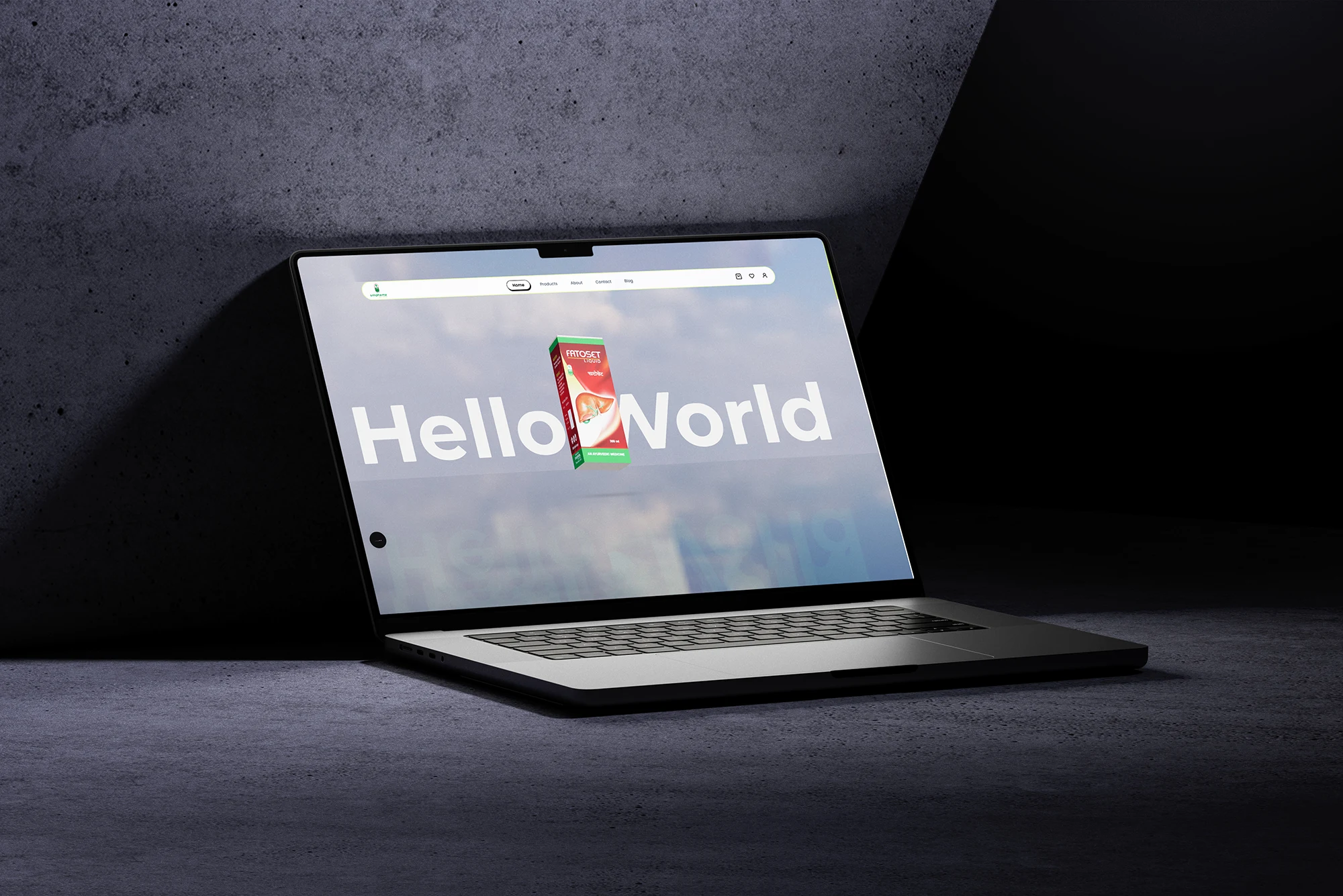 The SRM Pharma homepage and its 3D product on a laptop