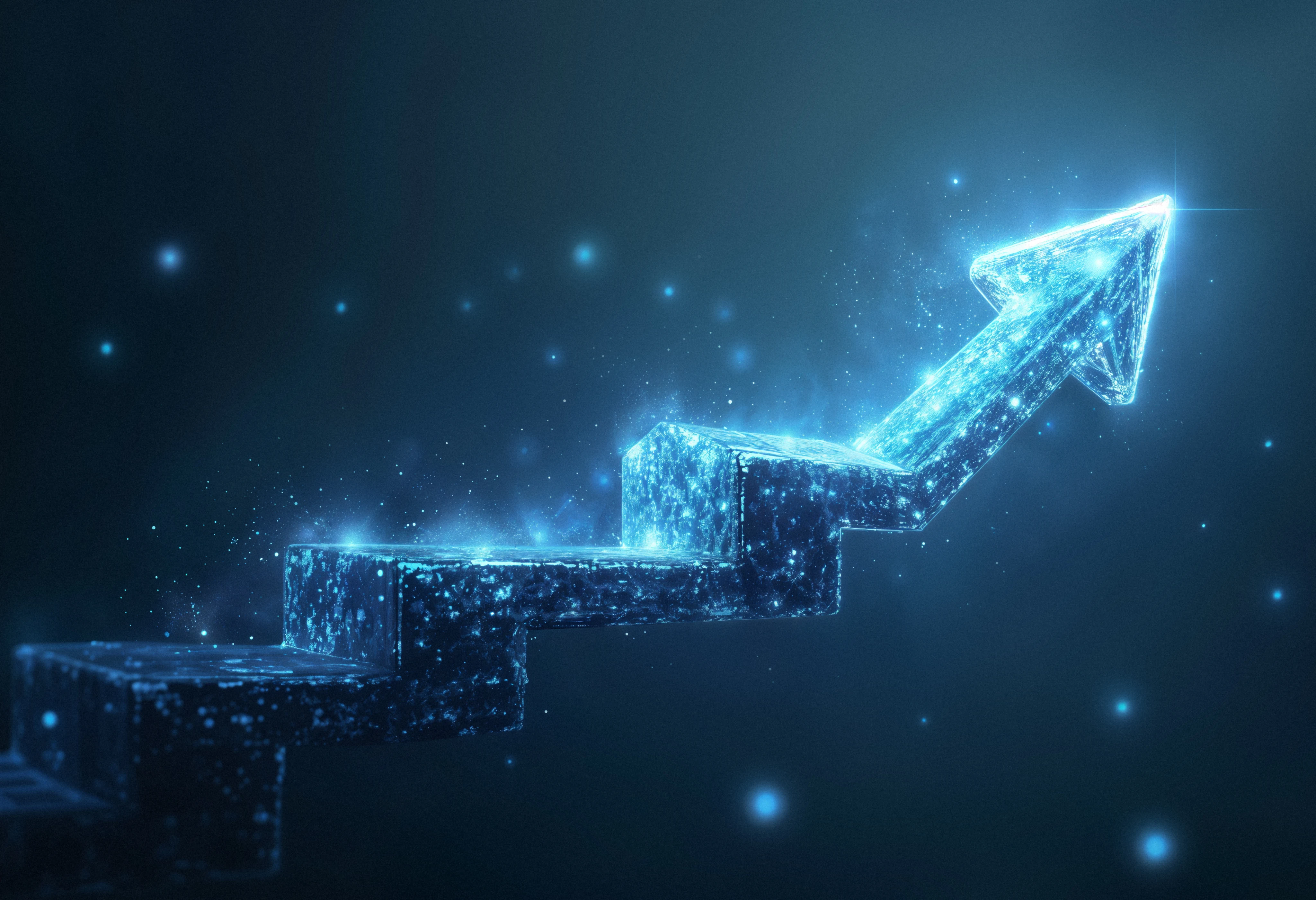 A glowing arrow rising over a digital landscape